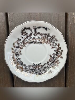 Vintage Enesco 25th Silver Anniversary Saucer Floral Bows Coquette Elegant Retro